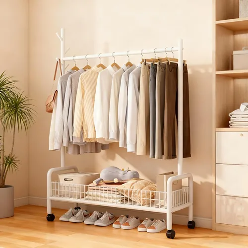 Vista 14 de Perchero con estantes de almacenamiento, perchero resistente con ruedas para dormitorio, sala de estar, organización de lavandería