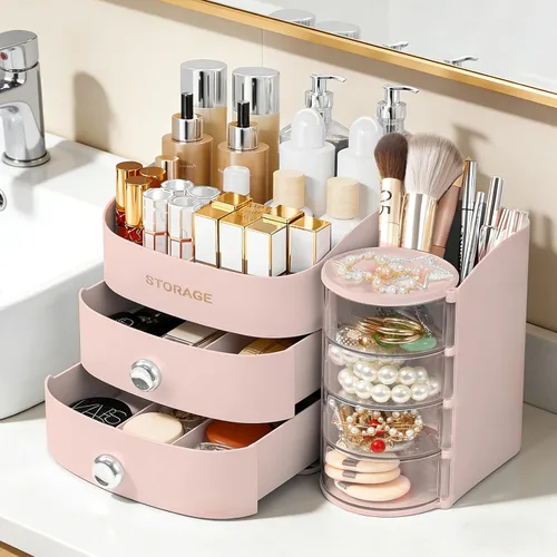 Vista 2 de XIAPIA Organizador de maquillaje para encimera, organizador de maquillaje para tocador, cuidado de la piel y organizadores de cosméticos con Rosa