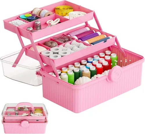 Vista 11 de Caja de plástico de 3 capas para manualidades y caja de herramientas para manualidades, caja de almacenamiento de plástico multiusos con asa