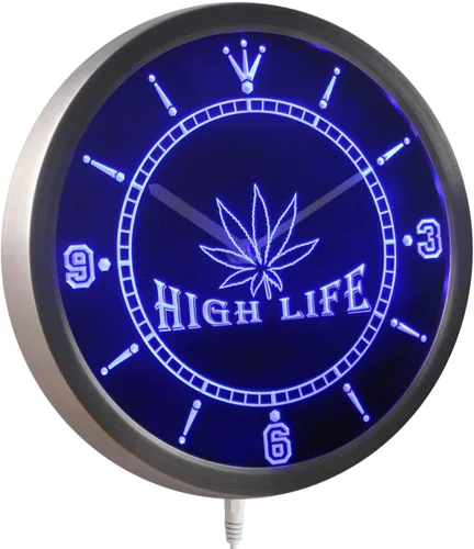 Vista 2 de ADVPRO nc0039-g Marihuana Hemp Leaf High Life Bar Neon Sign Reloj de pared LED