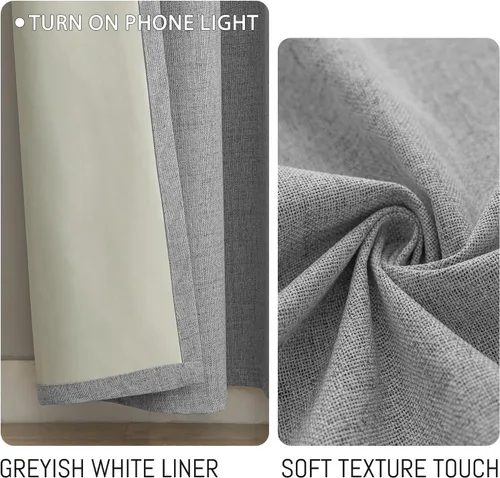 Vista 4 de Yakamok Cortinas de lino gris claro 100% opacas para dormitorio, cortinas de ventana con ojales de oscurecimiento de habitación de 84 pulgadas
