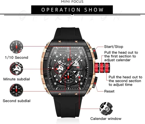 Vista 6 de Relojes para hombre, reloj Tonneau de esqueleto de lujo para hombre, impermeable, ajustable, correa de silicona, estilo steampunk, cronógrafo