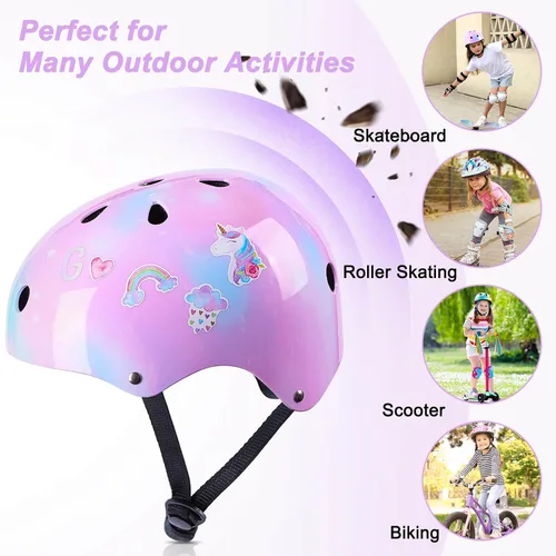 Vista 7 de Casco para niños, casco de bicicleta para niños pequeños con pegatinas DIY Unicornio, rodilleras y coderas ajustables, juego de protección para Rosa