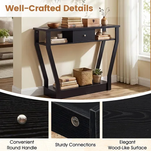 Vista 7 de BestComfort Mesa consola estrecha de 47 pulgadas con cajón, acento de entrada de madera de 3 niveles con estantes abiertos, mesa de sofá multiusos
