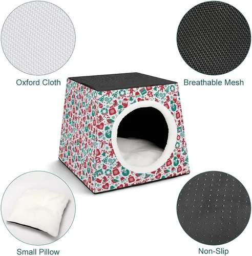 Vista 4 de Cama de tres usos para gatos, sofá plegable para gatos, refugio para gatos, juguete rascador con cojín extraíble con patrón navideño