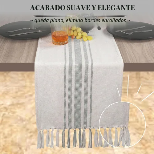 Vista 4 de Native Fab Camino de mesa a rayas grises – Mantel bohemio de 72 pulgadas de largo con borlas – 100% algodón, tejido apretado, mantel antideslizante