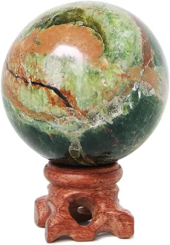 Vista 4 de Esfera de cuarzo de cristal con soporte de madera, cristal natural curativo, piedra mineral del amor, esfera de adivinación (jaspe océano, 1.969 in)
