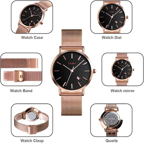 Vista 6 de MASTOP Relojes de cuarzo para mujer, ultrafinos, magníficos, simples, pequeños, pequeños, pulsera de acero con esfera pequeña