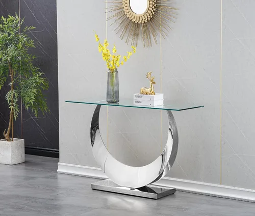 Vista 29 de Mesa de centro de cristal de lujo, mesa de centro de sofá de 47 pulgadas con marco de acero inoxidable dorado y parte superior de vidrio negro, mesa
