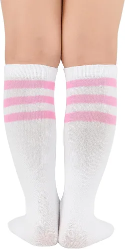 Vista 3 de American Trends Calcetines deportivos para niños y niñas, a rayas, hasta la rodilla, para fútbol, béisbol, sóftbol, para niñas pequeñas