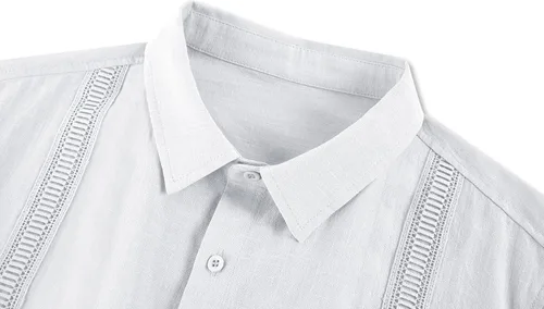 Vista 4 de Hestenve Guayabera - Camisas casuales de lino de algodón con botones y manga corta para hombre camisa hawaiana cubana de verano para la playa