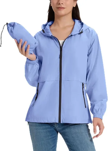 Vista 13 de Chaqueta ligera de lluvia para mujer, impermeable y transpirable, chaqueta con capucha plegable, cortavientos con capucha Beige