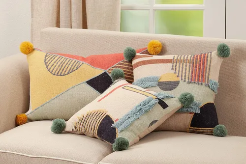 Vista 3 de SARO LIFESTYLE Delphine Collection - Almohada lumbar bordada geométrica con relleno de plumón, 16 x 24 pulgadas, multicolor