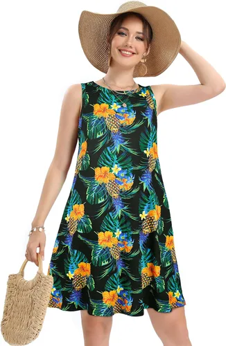 Vista 2 de Vestidos de verano para mujer, vestido tipo camiseta con estampado floral y de playa para mujer, vestido sin mangas, holgado, casual y con bolsillos