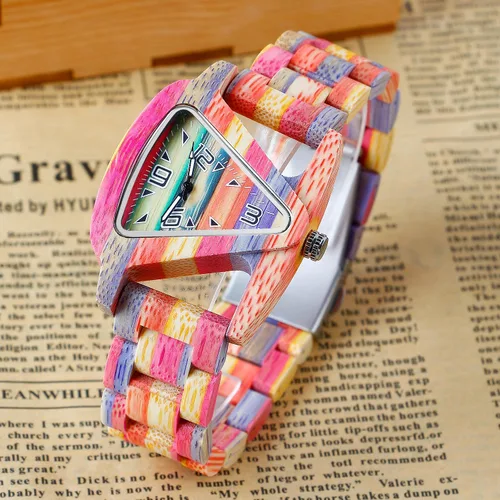 Vista 7 de Tiong Reloj de madera para mujer con correa de madera, cuarzo analógico, diseño clásico, colorido reloj de pulsera de bambú para damas, parejas..