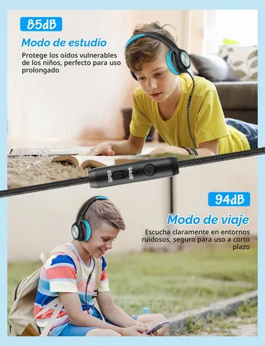 Vista 4 de Voopwink Auriculares para niños con micrófono, auriculares con cable sobre la oreja con volumen limitado de 85 dB/ 94 dB para niños, niñas Negro-Azul