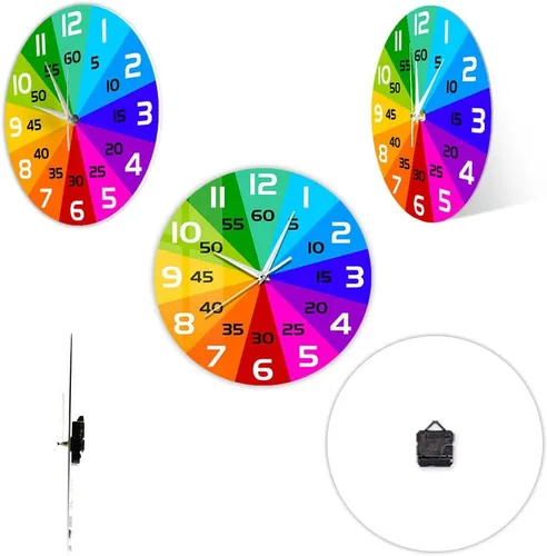 Vista 7 de Reloj de pared educativo con ruedas de color arcoíris de 15 pulgadas, para enseñar la hora y aprender a decir la hora, silencioso, sin tictac