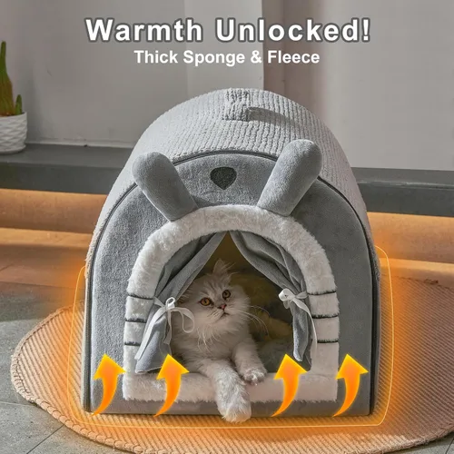 Vista 2 de Jiupety Casas para gatos de interior, cama cueva con diseño de cortina de puerta, bonitas camas portátiles con cojín reversible lavable, tamaño S