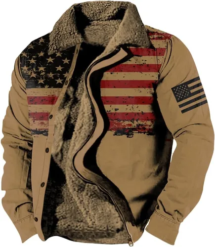 Vista 20 de LOAIHA Chaqueta de invierno para hombre, chaqueta de bandera estadounidense, abrigos occidentales para hombre, con cremallera, forro polar cálido