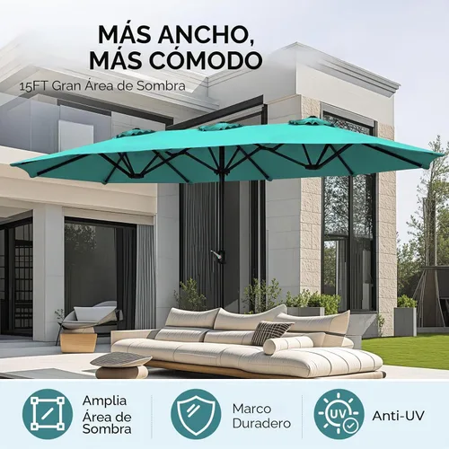 Vista 3 de Sombrilla de doble cara para patio de 15 x 9 pies con base y manivela, sombrilla rectangular extragrande para patio, césped y jardín, beige