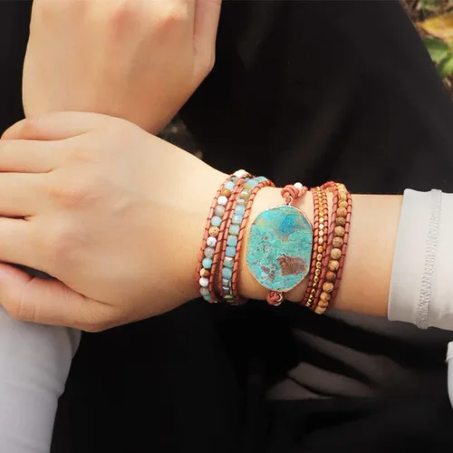 Vista 7 de Ygline Pulsera bohemia hecha a mano, con piedra de cristal, envolvente, de cuero, para mujer