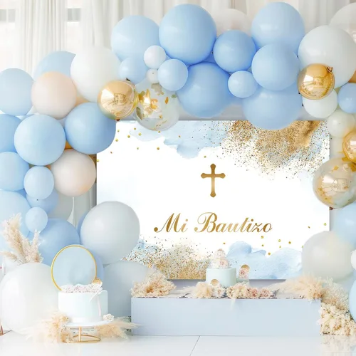Vista 6 de Sendy Telón de fondo de 7 x 5 pies, decoración de fiesta de bautismo mexicano, Dios bendiga al niño, primera comunión, nubes de acuarela azul, fondo