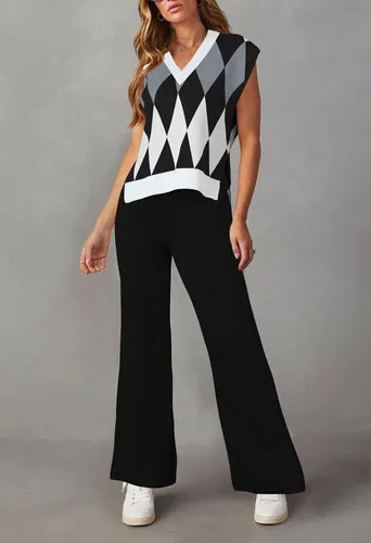Vista 3 de Viottiset Conjunto de 2 piezas para mujer, suéter con chaleco y cuello en V, sin mangas, pantalones de pierna ancha
