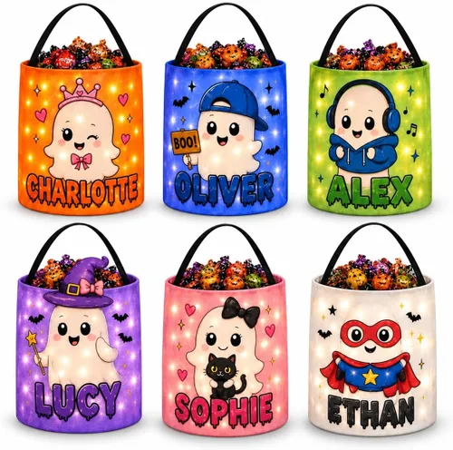 Vista 7 de IZI POD Bolsa LED personalizada de fantasma, bolsa de cubo de luz de Halloween con Nama, cesta de dulces personalizada para niños Diseño 3