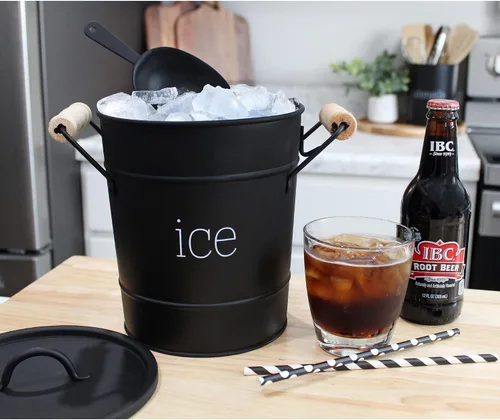 Vista 4 de AuldHome Design Cubo de hielo esmaltado de granja (negro); servidor de hielo de metal aislado estilo retro