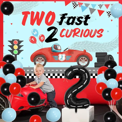 Vista 4 de Two Fast Two Curious - Decoraciones de cumpleaños para niño, decoración de segundo cumpleaños de coche de carreras, retro, rojo, negro, azul, arco
