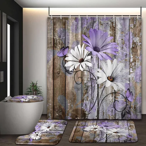 Vista 60 de JAWO Alfombra de baño con flores de granja, dalia en tablones de madera rústica, juego de tapetes de baño con flores azules, en forma de U