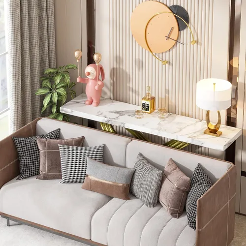 Vista 3 de Consola moderna de mármol de 55 pulgadas, mesa larga, estrecha, rectangular, para sala de estar, color dorado y blanco glamuroso, metal, madera