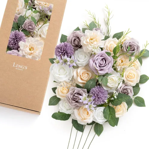 Vista 39 de Ling's moment Caja de flores artificiales, tallos de follaje artificial falso, rosas de espuma, dalia de seda, hierba de pampas, flor de tela