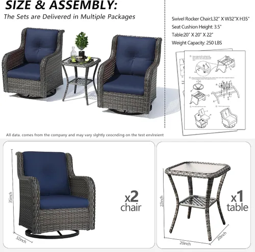 Vista 3 de Juego de 2 sillas de patio giratorias de 360 grados para exteriores y mesa auxiliar a juego – 3 sillas deslizantes de mimbre para patio con cojines