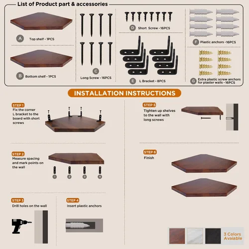 Vista 8 de Demigo Estante esquinero para montaje en pared, juego de 2 estantes flotantes de madera de acacia maciza de 11.8 x 16.5 pulgadas, suaves