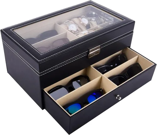 Vista 4 de Autoark Caja de joyería de cuero para 6 relojes y 9 piezas de almacenamiento para lentes y lentes de sol organizador de caja con bloqueo negro AW-048