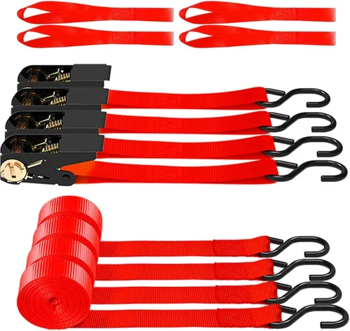 Vista 11 de AWELCRAFT Paquete de 4 correas de trinquete, correas de trinquete de 1 pulgada x 15 pies, resistencia a la rotura de 1500 libras con gancho en S, 4
