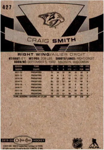 Vista 2 de 2019-20 O-Pee-Chee #427 Craig Smith Nashville Predators Hockey Card