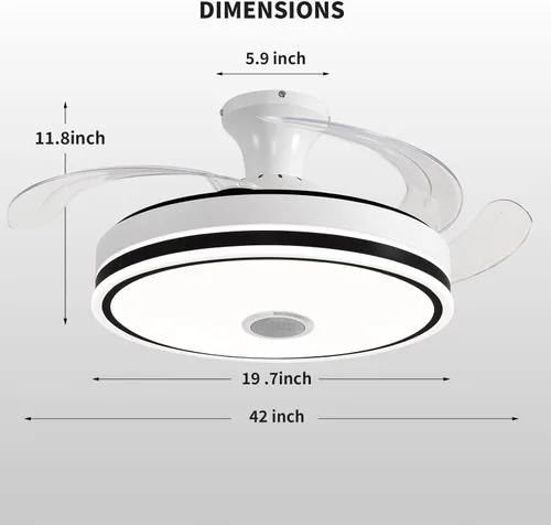 Vista 8 de Ventilador de techo retráctil de 42 pulgadas con luces, ventilador de techo inteligente con altavoz Bluetooth, control de aplicación, cambio