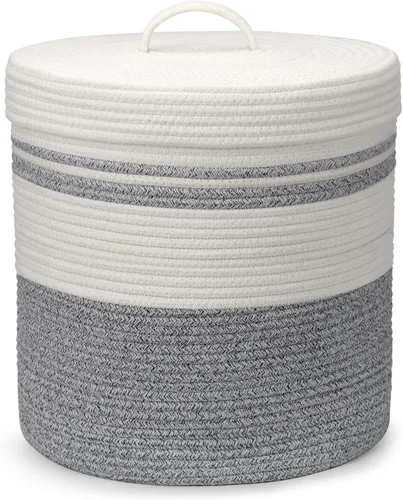 Vista 10 de Cesta de lavandería Goodheim con tapa, cesta de lavandería tejida, cesta de almacenamiento para mantas y juguetes para sala de estar, dormitorio