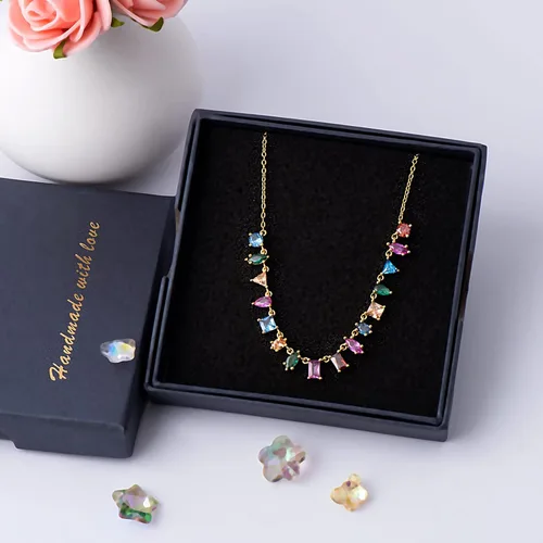 Vista 8 de G&GEMSJEW Women Gold Colorful Gemstone Necklace Multicolor CZ Rainbow Chain Choker for Girls 14K Gold Plated Multi Gems Necklace