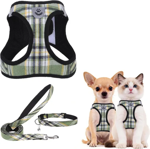 Vista 18 de PUPTECK - Arnés, collar y correa ajustables, sin tirones, para perros pequeños y medianos, cachorros y gatos, pechera reflectante acolchada de malla