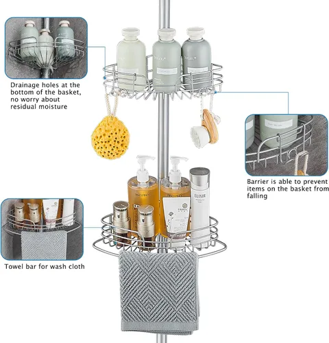 Vista 4 de WPT Soporte organizador de ducha gris para baño, organizador de ducha esquinero de acero inoxidable para almacenamiento de champú en la tina