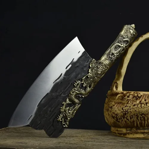 Vista 3 de Cuchillo de carne, cuchillo de chef Longquan de China de 8.5 pulgadas, cuchillo de chef vintage con mango de cobre, cuchillo de carnicero