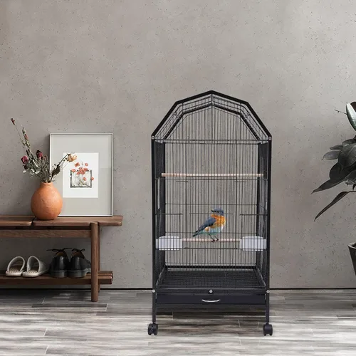 Vista 9 de Play Jaula para pájaros mediana y pequeña, de acero forjado con soporte rodante desmontable para loros, tortolitos, pinzones, canarios, periquitos
