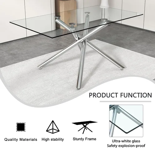 Vista 8 de Mesa de comedor rectangular de cristal minimalista grande y moderna para 4 y 8 personas con mesa de vidrio templado de 0.39 pulgadas y patas