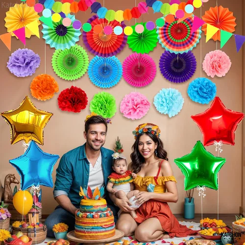 Vista 6 de KatchOn, Juego de decoraciones del Cinco de Mayo, paquete de 37, abanicos de papel para fiestas, decoraciones de fiesta Bandera mexicana, pompones