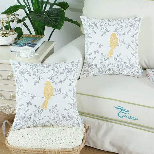 Vista 2 de CaliTime - Paquete de 2 fundas de cojinete de algodón para el sofá, sofá cama, color gris bordado con un lindo pájaro., Algodón, Dorado, 18 x 18