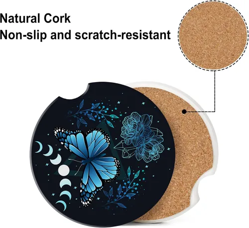 Vista 4 de Posavasos para Taza de Automóvil Mariposa Signo Místico Abstracto Azul Posavasos de Automóvil para Portavasos Universal Antideslizante Cerámica