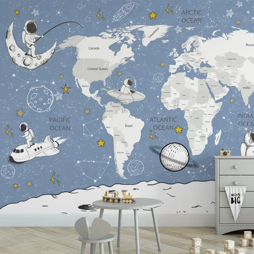 Vista 7 de Papel tapiz para habitación de niños, espacio de astronauta, mural de mapa gigante del mundo con países, papel tapiz para guardería, despegar